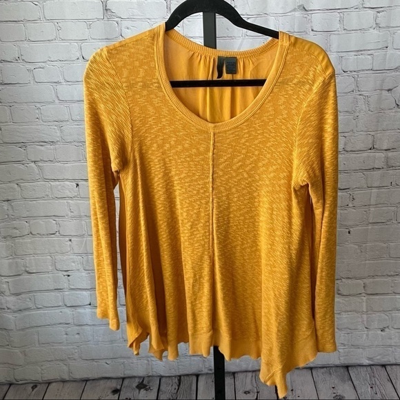 Anthro Left of Center Dara Pull Over Slub Knit Raw Hem Mustard Top Size XS - Picture 2 of 5